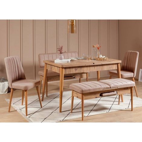Ensemble table extensible 2 chaises et 2 bancs bois naturel et tissu beige Mariva (1/5)