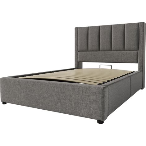 Lit rembourré 90 x 200 cm, lit simple avec porte-gobelet dissimulé et station de charge, lit hydraulique avec rangement sous le lit, sommier à lattes inclus, lin gris (sans matelas) (1/5)