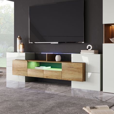 Meuble TV 200 cm – blanc laqué, LED APP, 6 portes + 2 tiroirs (1/5)