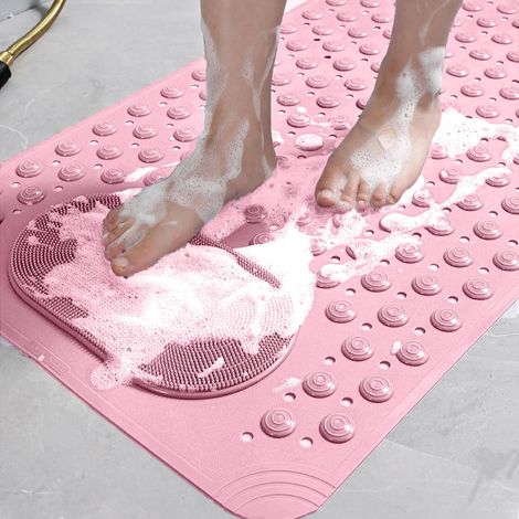 Tapis de bain antidérapant à ventouses, tapis de douche 68,5 x 35,5 cm avec trous d'évacuation et masseur de pieds, lavable en machine, rose (1/5)