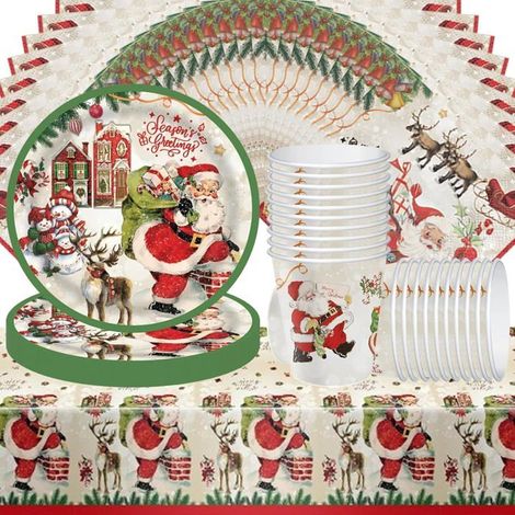 Vaisselle de fête de Noël de 61 pièces pour enfants avec assiettes, gobelets, serviettes et nappes, convient pour 20 invités (1/5)