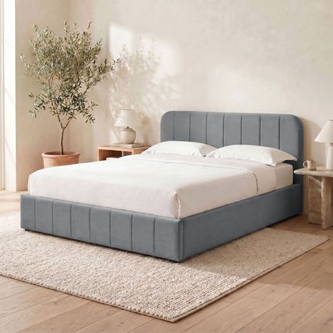 Lit coffre latéral 160x200 cm sommier + tête de lit en velours gris (1/5)