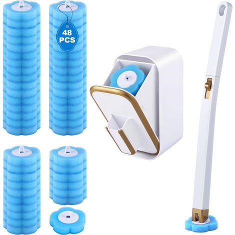 Brosse WC jetable avec 48 recharges, brosse WC murale avec support, brosse de cuvette de toilette avec 1 baguette de toilette, 1 boîte de rangement pour le nettoyage de la salle de bain (1/5)