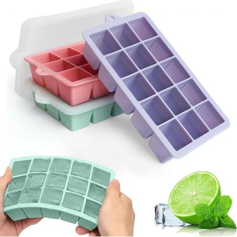 Lot de 3 bacs à glaçons en silicone, sans BPA, avec couvercle, compacts, pour boissons, repas et aliments surgelés. (1/5)