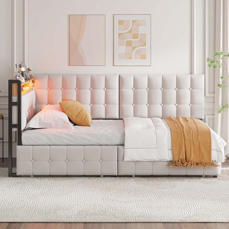 Cama sofá tapizada 90x200 cm moderna, beige, terciopelo, 2 cajones, LED en cabecero, USB y Type-C (1/5)