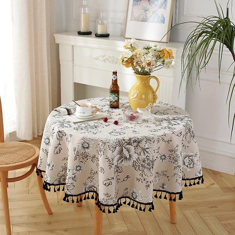 Nappe ronde en lin imprimé floral, lavable avec franges, 90 cm, idéale pour petite table ronde. (1/5)