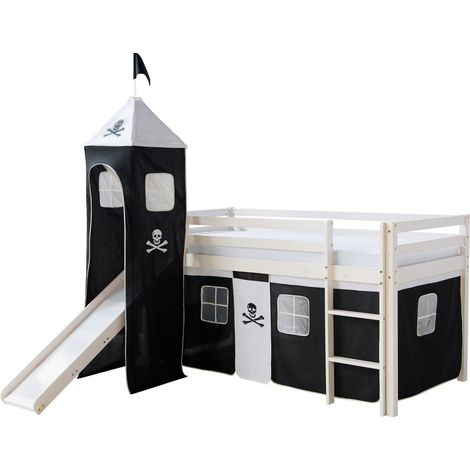 Décoshop26 – Lit mezzanine 90x200cm avec échelle toboggan réversible – Bois blanc, toile noir pirate – LIT06154 (1/6)