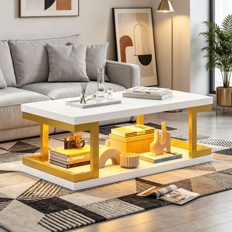 Mesa de centro rectangular LED 100 x 50 x 37,5 cm, blanca y dorada, MDF y metal HAVRYA (1/5)