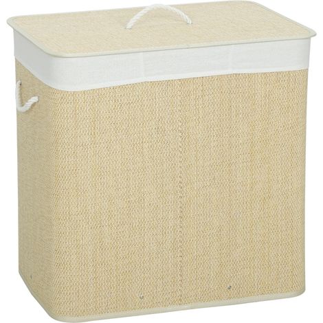 Panier à linge 3 compartiments 144 L en bambou, avec couvercle, sac amovible lavable et poignées corde, crème, 60 x 40 x 60 cm - CHICFURN (1/5)