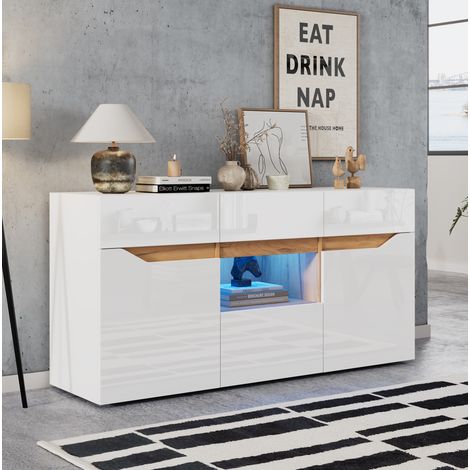 Aparador 140 x 40 x 70 cm con 4 cajones, 2 armarios, LED, blanco y efecto madera HAVRYA