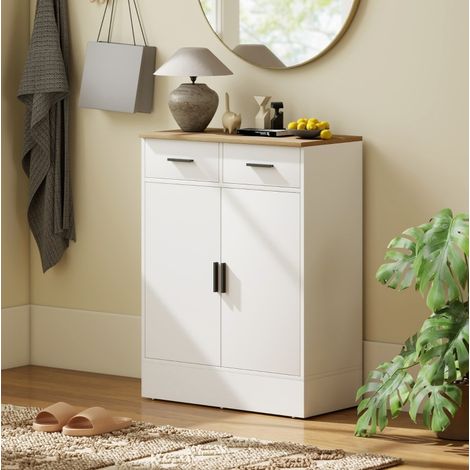 Credenza 68.6x35x90.3 cm bianca effetto legno con 2 cassetti, ripiano regolabile e antiribaltamento (1/5)