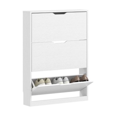 Scarpiera Slim a 3 Cassetti Ribaltabili con Intaglio Inferiore, in Legno, 80x17x108 cm, Bianco (1/5)