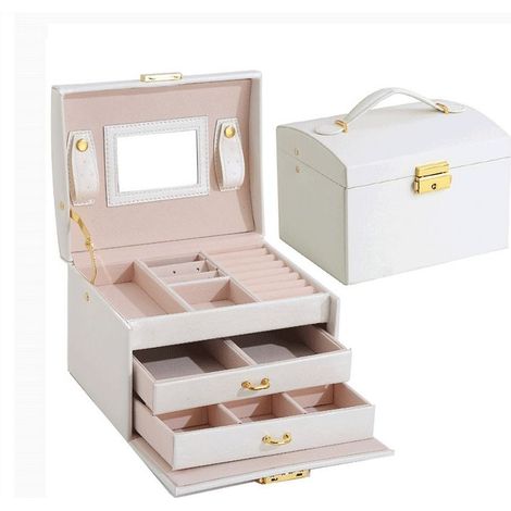 EASYCOMFORT Coffret à bijoux avec miroir et serrure, boîte de rangement en velours pour montres et cosmétiques, étui de beauté blanc avec clé, idée cadeau (1/5)