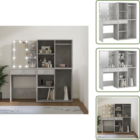 Coiffeuse à LED avec 2 armoires Gris béton Bois d'ingénierie - Coiffeuse Led - Meuble Rangement - Table Maquillage - Vanity - Éclairage Led