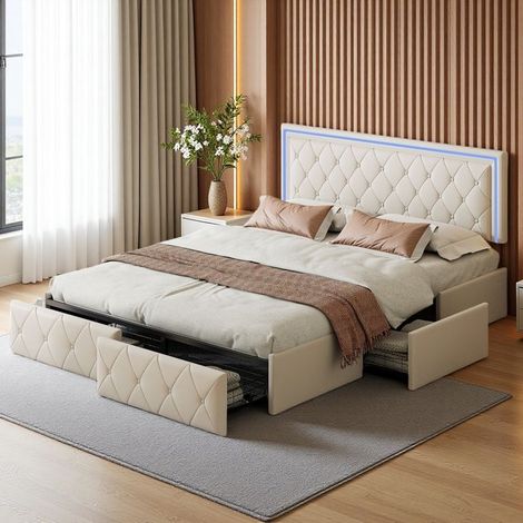 Cama Doble 160x200 - Almacenamiento Integrado - LED RGB - Diseño Elegante - Beige (1/5)