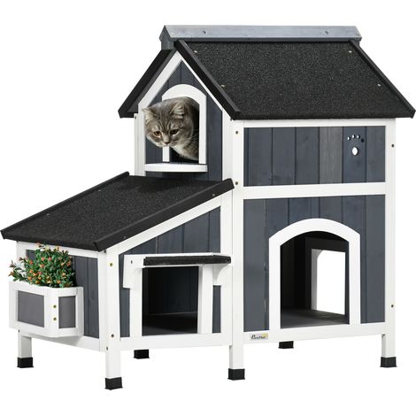 PawHut Wooden Outdoor Cat House w/ Flower Pot, Windows, Multiple Entrances
