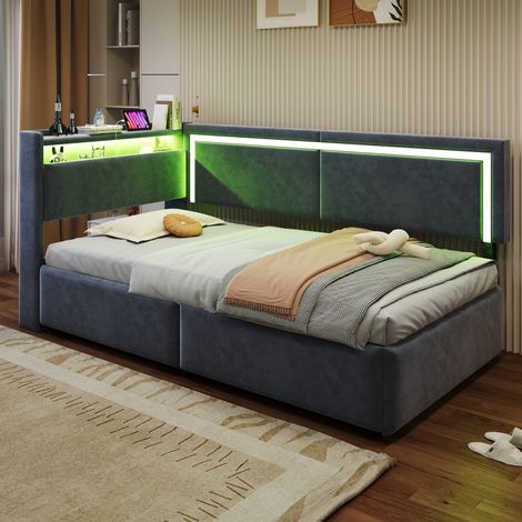 Canapé-lit - LED Rangement hydraulique - 90x200 cm - Rangements - Velours - Gris (1/5)