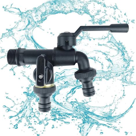 Distribuidor de agua para grifo, herramientas de jardín con doble salida para mangueras de 1/2"  Distribuidor de agua de alto rendimiento: doble cabezal, 4 conexiones, dos boquillas (1/5)