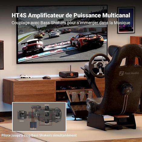 HT4S Amplificador Bluetooth, Amplificador de Audio Estéreo 4.1/5.0 Canales, 4 Canales para Bass Shaker Sim Racing Cockpit, con Entrada AUX/Óptica y Mando a Distancia, para Altavoces Exteriores (1/4)