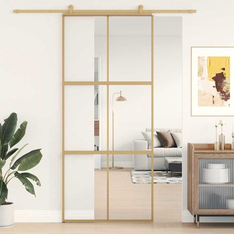 Porte coulissante dorée 90 x 205 cm, verre de sécurité trempé et aluminium