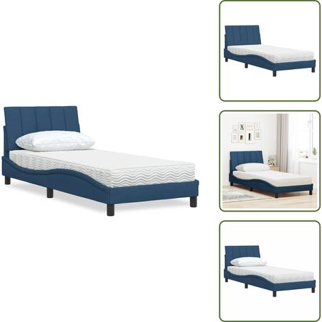 The Living Store Lit avec matelas Hanko bleu 90x200 cm tissu - Matelas en mousse (1/5)