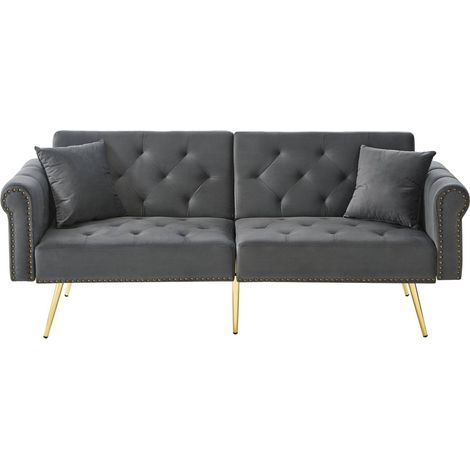 Divano letto 2 posti in velluto grigio antico, con doppia reclinazione indipendente, gambe in metallo dorato e 2 cuscini inclusi, per piccoli spazi  CHICFURN (1/5)