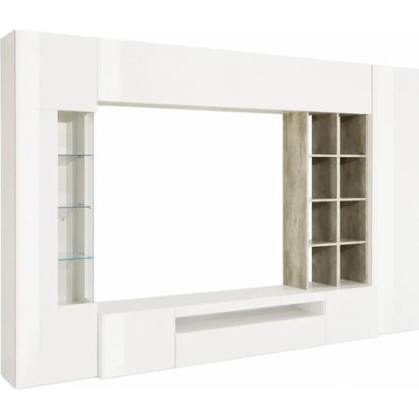 Parete Attrezzata TV Moderna 290 cm in Legno Bianco Lucido Cemento (1/4)