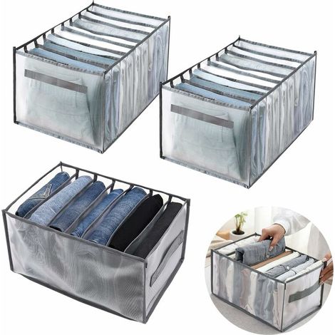 Organizer per armadio a 3 pezzi, scatola portaoggetti per jeans, scatola portaoggetti con divisori per cassetti in rete, scatola portaoggetti per camicie e magliette (7, 9, 9 griglie, grigio)