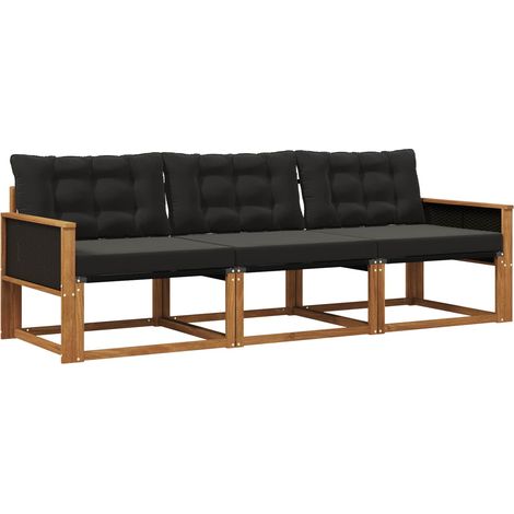 Set di divani da esterno con cuscino 3 pz Salotto da Giardino Naturale e Nero (1/5)