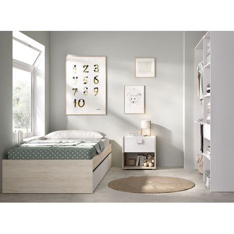 DEKIT GRUPO RIMOBEL LAGO PACK - CONJUNTO DE CAMA NIDO CON 2 CAJONES, MESITA DE NOCHE Y ARMARIO VESTIDOR - NATURAL / BLANCO (1/5)