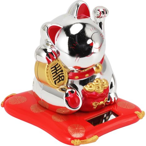 Chat solaire porte-bonheur, symbole de richesse et de bonheur, statuette décorative argentée pour la maison ou la voiture. (1/5)