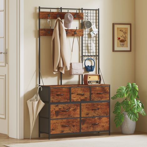 4-in-1-Garderobenelement, Garderobenständer, Kleiderschrank mit 7 Stoffschubladen und 14 Haken, 100 x 30 x 183 cm, rustikalbraun