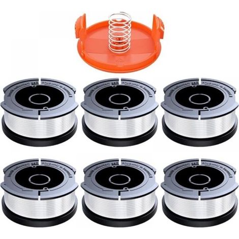 6 Trimmerfadenspulen passend für Black & Decker, Ø 1,65 mm mit 9 m Trimmerfaden, inklusive 1 Ersatzspulenabdeckung und 1 Ersatzfeder (1/5)