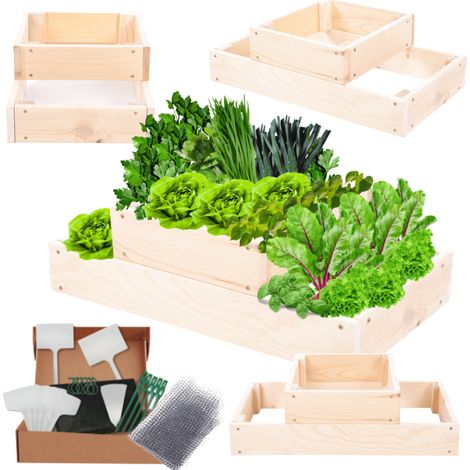 MODO24 ZP09 Carré potager surélevé en escalier modulable, bois de pin, herbes/légumes, jardin/terrasse/balcon, 18x60x30 cm, naturel