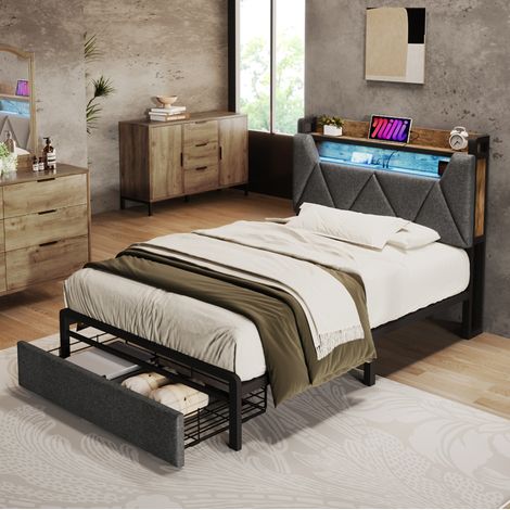 Cama individual industrial 90x200 cm en lino gris con cabecero con almacenaje, USB/Type-C, LED, cajón y somier de láminas