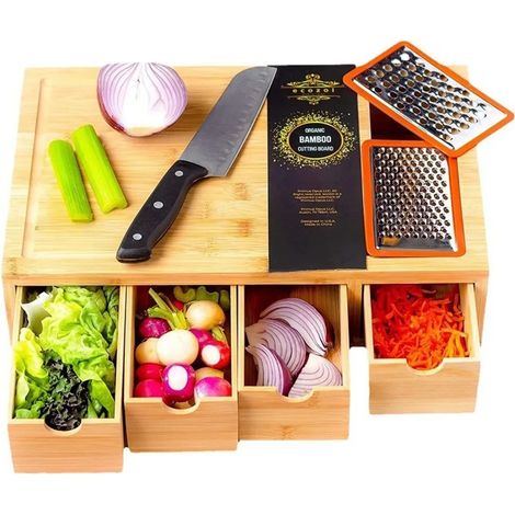 Planche à découper en bambou avec 4 lames, 4 compartiments de rangement et rigole à jus, planche de petit-déjeuner en bois pour cuisine et restauration (1/5)