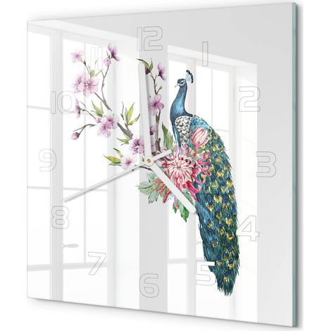 Horloge Murale Carrée Design Moderne en Verre Trempé Silencieuse pour Salon Paon et fleurs 30x30 cm (1/5)