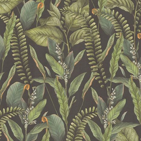 Blumen Tapete Profhome 394131 heißgeprägte Vliestapete leicht strukturiert mit Dschungel-Design matt schwarz grün orange 5,33 m2