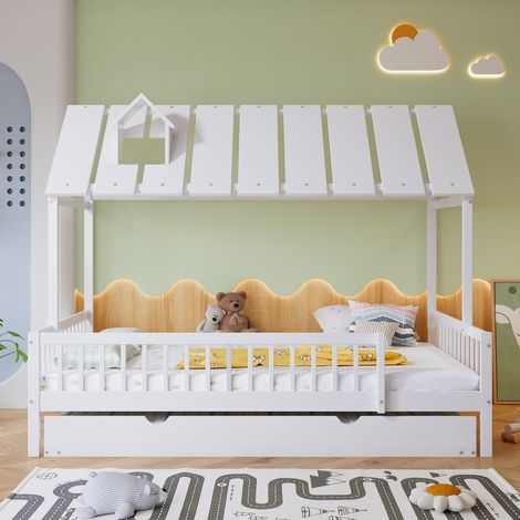 Lit maison 120 x 200190 cm avec toit à cheminée, lit gigogne, barrière de sécurité 3 côtés, cadre en pin et mdf blanc (1/5)