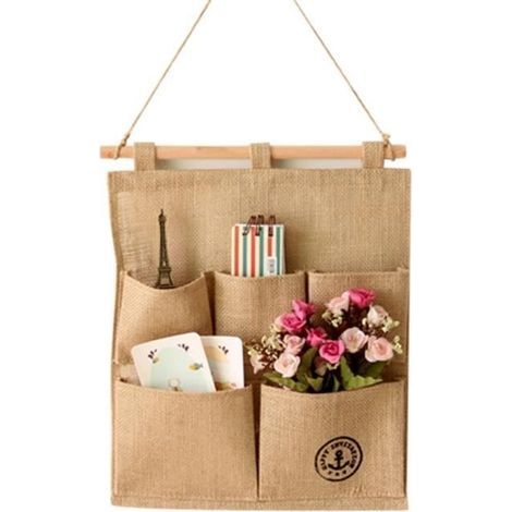 Wandmontierte Aufbewahrungstasche aus Jute mit Buchstabenmuster, Kosmetiktasche, Wohnaccessoires (1/4)