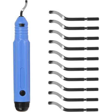 Metal-handled deburring tool set with 10 replacement blades. 360° rotating blade for 3D printers. Metal, plastic, aluminum, wood, and stainless steel. (1/5)