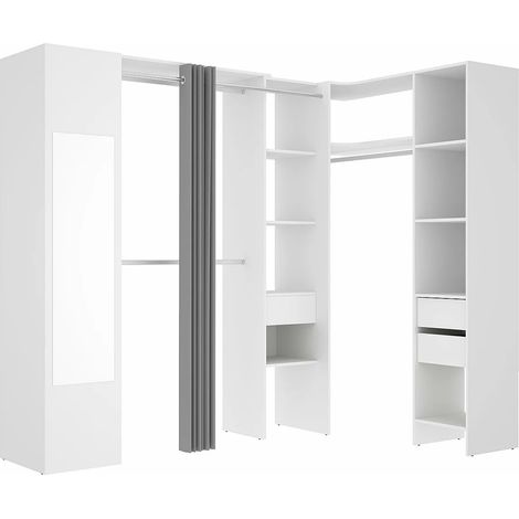 Dressing d'angle avec rideau et 1 porte - Avec miroir - L231 cm - Blanc et gris - BERTRAND (1/5)