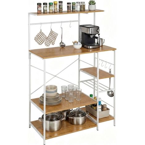 Freestanding Kitchen Rack, 7 Shelves, 8 Hooks, MDF/Metal (1/5)