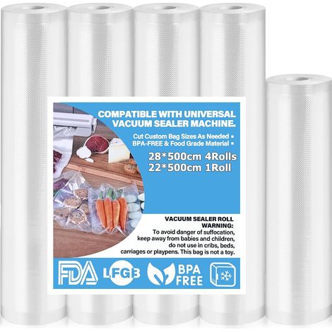 Lot de 5 rouleaux de sacs sous vide - 22 - 28 x 500 cm - Sacs sous vide alimentaire pour toutes les machines à emballer sous vide - Sans BPA - Résistant à la déchirure - 190 µm - Sacs de (1/5)