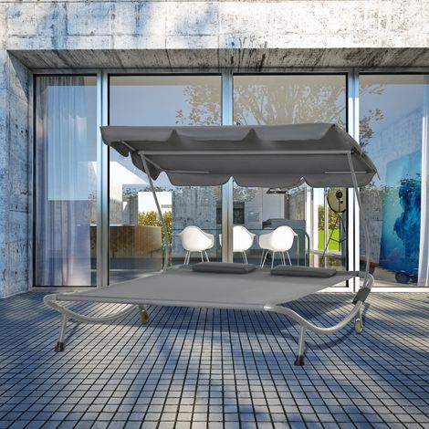 Bain de soleil double 2 places avec pare-soleil réglable pour extérieur et jardin, 200 x 175 x 134 cm, gris
