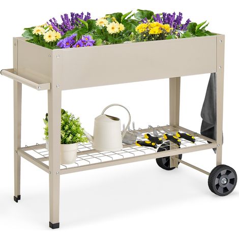 Fioriera da esterno in metallo con ripiano ruote ganci e impugnatura, Aiuola rialzata per ortaggi fiori Beige (1/3)