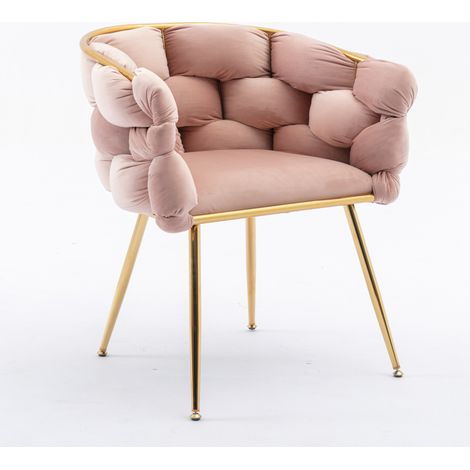 Chaise d’appoint en velours rose avec accoudoirs, assise rembourrée et piètement métal doré, style moderne pour salon, chambre, bureau ou coiffeuse CHICFURN (1/5)