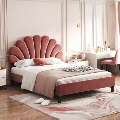 lit adulte 140x200 velours rouge rangement chambre bois OKMYHOME (1/5)