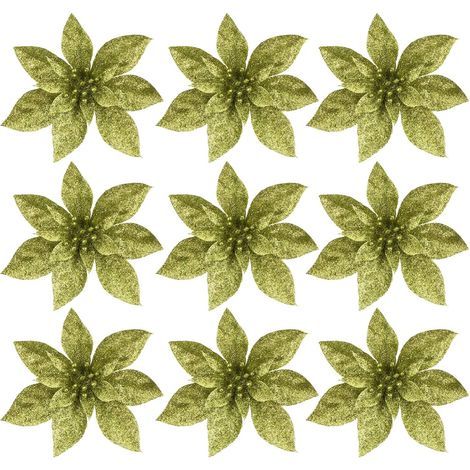 9 Pièces Fleurs De Noël Aux Oignons en Poudre Noël Scintillant Fleur De Paillettes De Mariage Fleur De Poinsettia Artificielle Bleu Et Blanc Fleur Artificielle 16c Plastique (1/5)