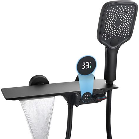Grifo De Bañera Cascada Con Indicador de Temperatura, Mezclador De Ducha Montado En La Pared Ducha De Mano De 3 Funciones Grifo Para Baño Bañera, Latón (Negro) (1/5)
